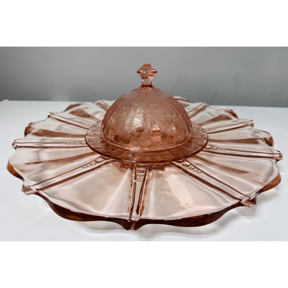 Vintage Pink Depression Glass Platter and Domed Butter Dish Set Floral Etched